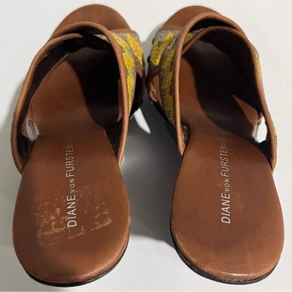 Diane Von Furstenberg Yellow‎ Woven Strap Platform Wood Wedge Sandals Sz 5.5